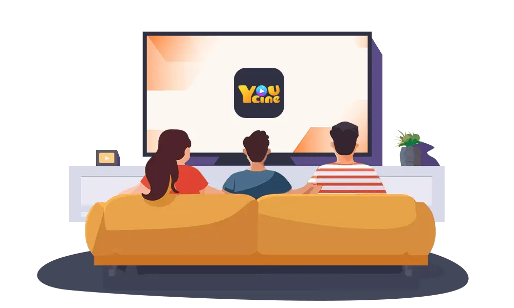 Uma família assistindo a filmes e séries na YouCine TV no sofá de casa.